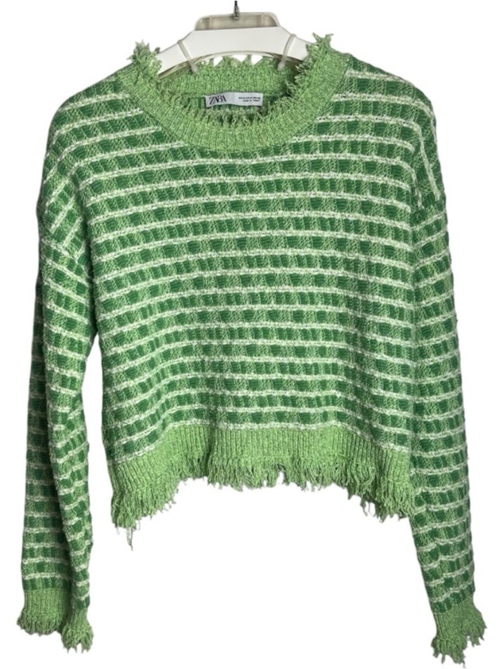 ZARA Green Striped Distressed Cropped Sweater Frayed Hem Knit Top - Picture 2 of 14